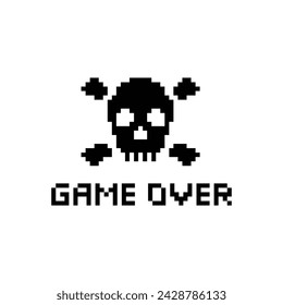 game over with Skull icon 8 bit, pixel pirate icon 8-bit  for game  logo.