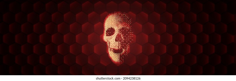 GAME OVER Skull Sign Concept. DANGER Futuristic HUD Element. You Died Game Banner. Death Screen with Dithered Skull Icon. Danger Hexagonal Banner. Vector Illustration.