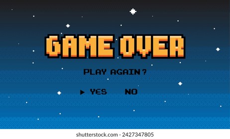 Game Over with starry sky on background. Pixel art 8-bit retro video arcade style with play again.