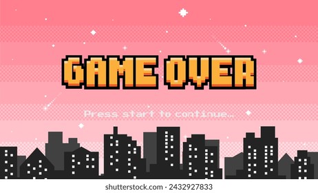 Game Over with starry sky on city background. Pixel art 8-bit retro video style with press start.	