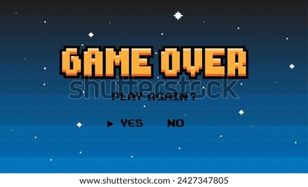 Game Over with starry sky on background. Pixel art 8-bit retro video arcade style with play again.