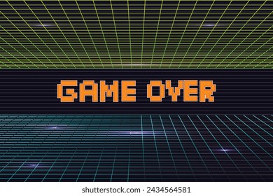 GAME OVER .Synthwave wireframe net illustration. pixel art .8 bit game. retro game. for game assets .Retro Futurism Sci-Fi Background. glowing neon grid. and stars.