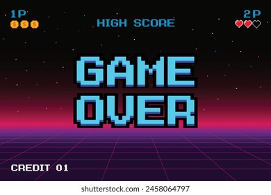 GAME OVER. Synthwave wireframe net illustration. pixel art .8 bit game. retro game. for game assets .Retro Futurism Sci-Fi Background. glowing neon grid. and stars.