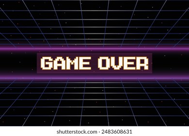 GAME OVER. Synthwave wireframe net illustration. pixel art .8 bit game. retro game. for game assets .Retro Futurism Sci-Fi Background. glowing neon grid. and stars.