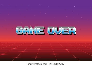 GAME OVER. Synthwave wireframe net illustration. pixel art .8 bit game. retro game. for game assets .Retro Futurism Sci-Fi Background. glowing neon grid. and stars.