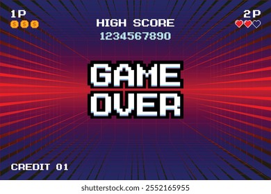 GAME OVER. Synthwave wireframe net illustration. pixel art. 8 bit game. retro game. for game assets .Retro Futurism Sci-Fi Background. glowing neon grid. and stars.