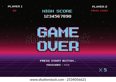 GAME OVER. Synthwave wireframe net illustration. pixel art .8 bit game. retro game. for game assets .Retro Futurism Sci-Fi Background. glowing neon grid. and stars.