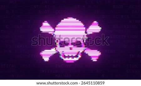 GAME OVER or SYSTEM HACKED Skull Sign Concept. You Died Game Banner. Death Screen with Glitch Skull Icon. Vector Illustration.