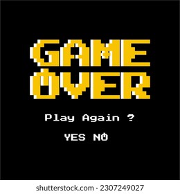 Game over template design with stop button on letter O. Pixel inscription “game over”. Message on video game screen. Vector illustration.