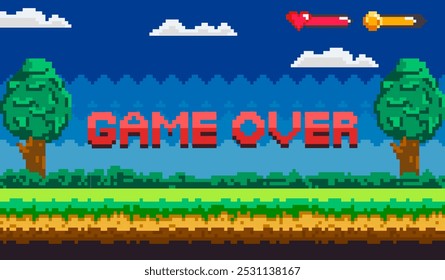 Game Over text in bold, pixelated font. Background includes trees, clouds, and landscape elements in pixel art. Heart and sword icons at top. Ideal for video games, retro themes, game development