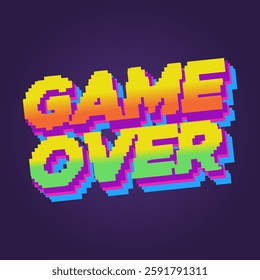 Game over text in colorful glints pixel style. Vector illustration.