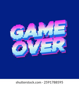 Game over text in colorful pixel style. Blue background. Vector illustration.