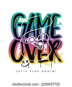 Game over text. Gamer gamepad joystick drawing. Vector illustration design for fashion graphics, t shirt prints.