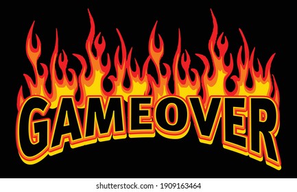 Game Over text illustration with flames for tee and poster