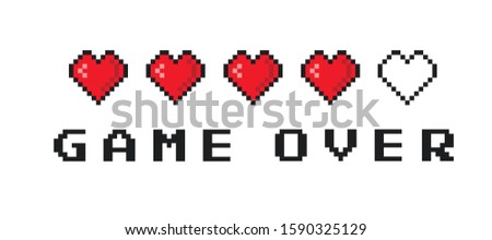 Game over text isolated on cloud blue background. Pixel game life bar. Vector art 8 bit health heart bar. Gaming controller, symbols set.
