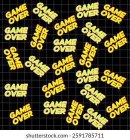 Game over text pattern in colorful pixel style. Checkered background. Vector illustration.