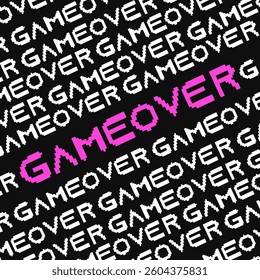 Game over text pixel style pattern in pink and white on black background. Vector illustration