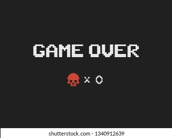 Game over text and red skull vector illustration. Retro video game design element on dark background