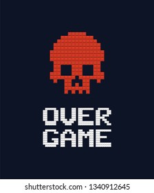 Game over text and red skull 8 bit vector illustration. Retro video game design element on dark background