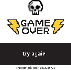 Game over try again skull lightning
 pixel art 