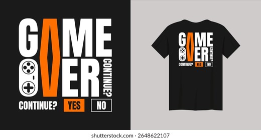 Game over t-shirt design with bold text and controller icon for gamers and video game lovers, continue screen parody style.
