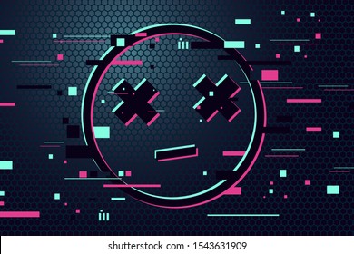 Game Over Vector Background. Emoticon With Glitch Effect. Gamer Poster. 404 Web Page