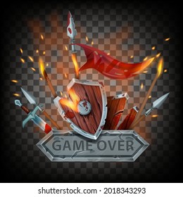 Game Over Vector Badge, Medieval Final Battle Sign, Wooden Shield, Sword, Burning Flag, Fire, Sparks. Defeat Fantasy Logo, UI End Level Stone Concept On Transparent Background. Game Over, Lose Icon