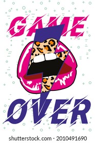 game over. vector illustration of red lips mixed with a lightning bolt symbol with animal print 
