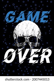 Game over. Vector illustration of a skull next to the phrase of the end of the game. Design for posters and stickers.