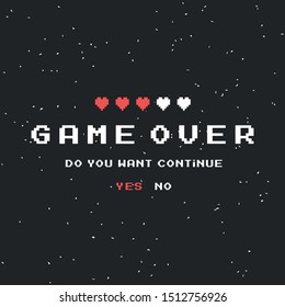 Game Over Vector Pixel Background, Texture Damage. Glitch Error With Text. Game Design. Final Scene.
Computer Program, Console Screen, Retro Arcade. New Technologies.
