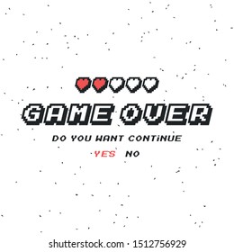 Game over vector pixel background, texture damage. Glitch error with text. Game design. Final scene.
Computer program, console screen, retro arcade. New technologies.
