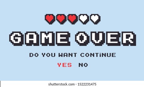 Game over vector pixel background, texture damage. Glitch error with text. Game design. Final scene.
Computer program, console screen, retro arcade. New technologies.
