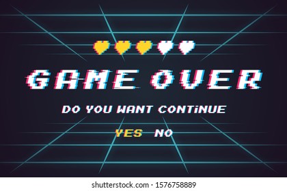 Game over vector pixel background, texture damage. Effect glitch error with text. Game design. Final scene.
Computer program, console screen, retro arcade. New technologies.
