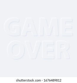 Fin del juego. Palabras vectoras. Icono de tipo de carácter de efecto neumórfico de degradado blanco brillante. Símbolo gris de Internet aislado en un fondo.