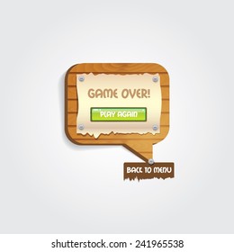 game over wooden bubble message with play and menu buttons- for computer and mobile game applications user interface