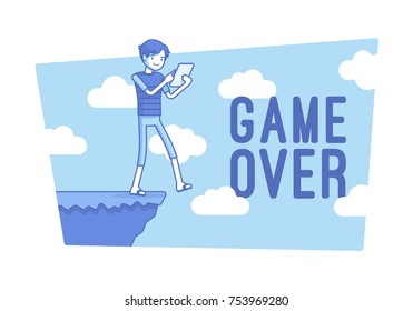 Game over. Young gamer walking watching the screen without attention, close to harm, injury, or bad luck, taking big risk, entertainment leading to dangerous end. Vector lineart concept illustration