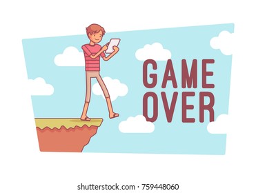 Game Over. Young Gamer Walking Not Watching His Way, Situation Leading To The Crash, Losing The Life, Involved In An Accident To Be Damaged Soon. Vector Line Art Illustration