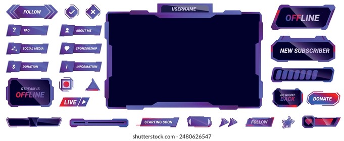 Game overlay icons set. Stream overlay facecam panel design with buttons, alerts, and badges for gamers and streamers