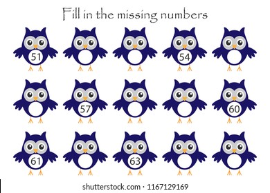 Game with owls for children, fill in the missing numbers, middle level, education game for kids, school worksheet activity, task for the development of logical thinking, vector illustration