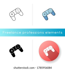 Game pad icon. Console controller for playing. Gadget for video games. Modern portable wireless technology. Cyber sport. Linear black and RGB color styles. Isolated vector illustrations