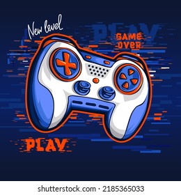 Game pad illustration. Gamepad on blue didital background with text Game over, Play, New level.
