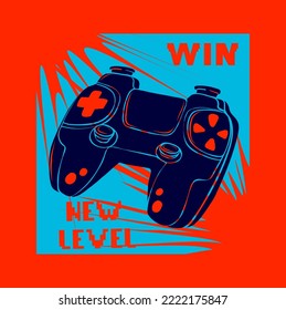 Game pad illustration. Gamepad on blue didital background with text Win, New level. Game pad poster
