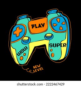 Game-Pad-Illustration. Gamepad auf schwarzem diditalem Hintergrund mit Text Game over, Play, New Level, super, wow. Poster-Gaming im Stil der 80er Jahre.