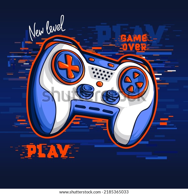 Game pad illustration. Gamepad on\
blue didital background with text Game over, Play, New\
level.