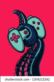 Game Pad With Octopus Tentacle. Vintage Poster Print For Video Games Fans. Vector Joystick Controller.