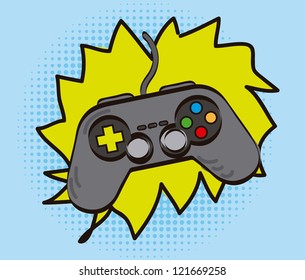 game pad over cartoon background, hand drawing. vector illustration