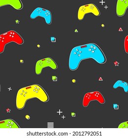 Game pad pattern flat style with dark background. Online technology concept. Web button. Logo design. Play button print. Banner design. Vector illustration. Memphis pattern. 