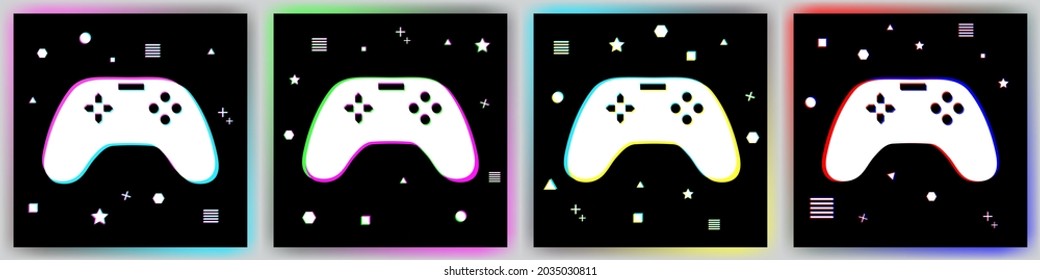Game pad set flat, glitch style. Online technology concept. Play button icon. Web button. Logo design.  Banner design. Vector illustration. Beautiful neon colors. 