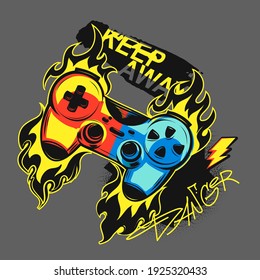 Game pads illustration. T shirt design gamepad with firetrack on dark grey background with words danger and keep away. 