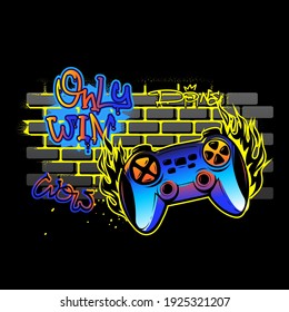 Game pads illustration. T shirt design gamepad with firetrack on grunge brickwall and gaffiti lettering composition.